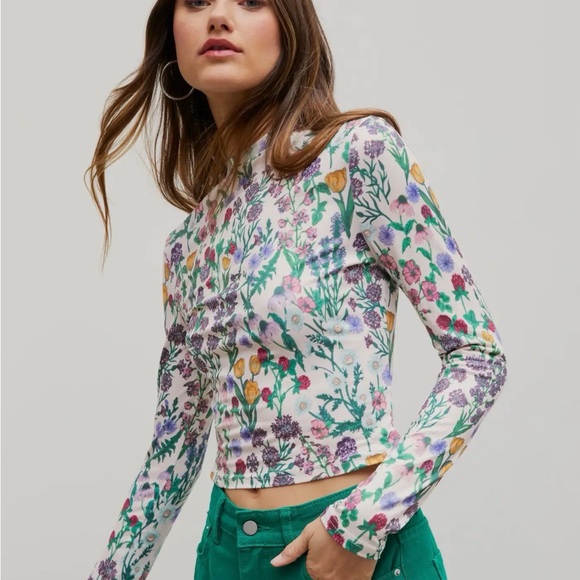 Cider Floral Mock Neck Long Sleeve Top in Cream Green Pink - Picture 2 of 4